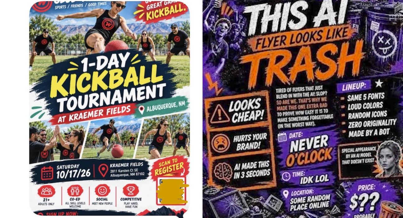 Un organisateur de kickball défend un flyer d'IA pour un événement gratuit, suscitant des réactions sur l'utilisation de Canva.