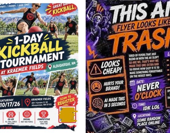 Un organisateur de kickball défend un flyer d'IA pour un événement gratuit, suscitant des réactions sur l'utilisation de Canva.